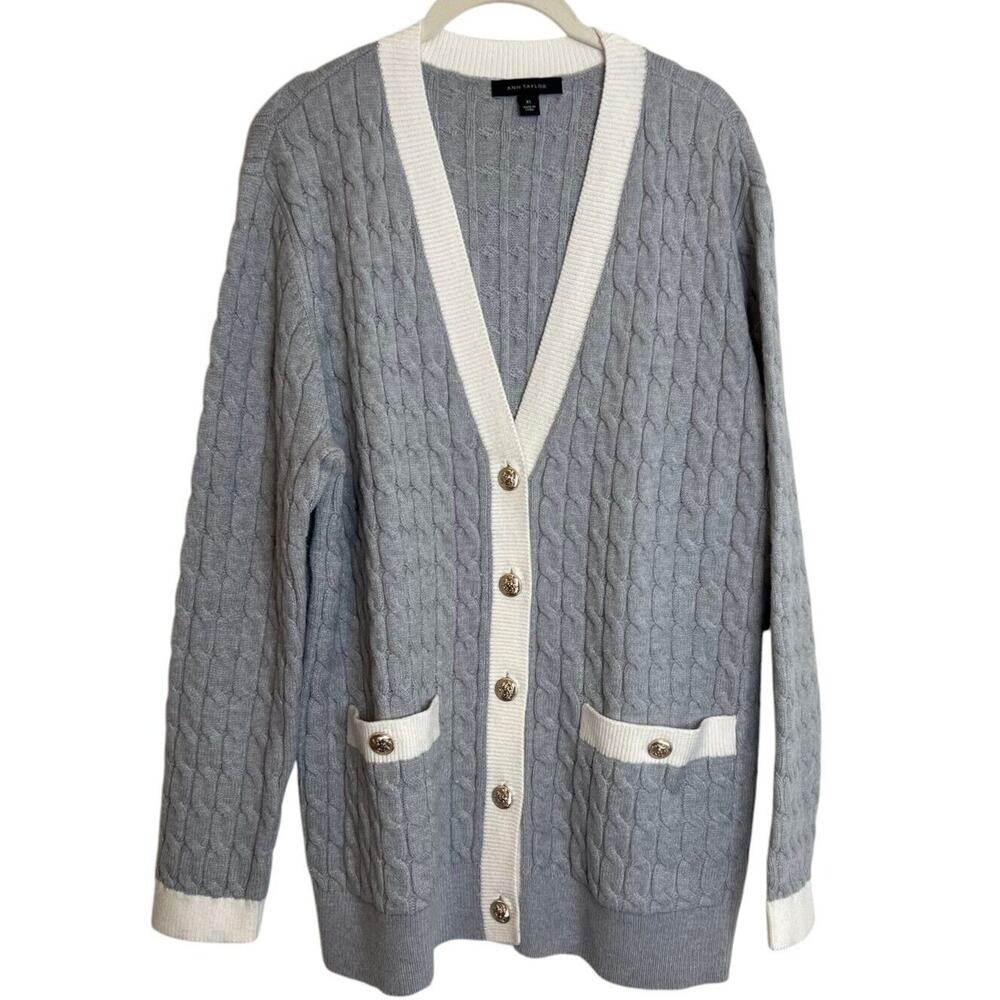 Ann Taylor Womens Cable Contrast Trim Boyfriend Cardigan Size XL Gray White